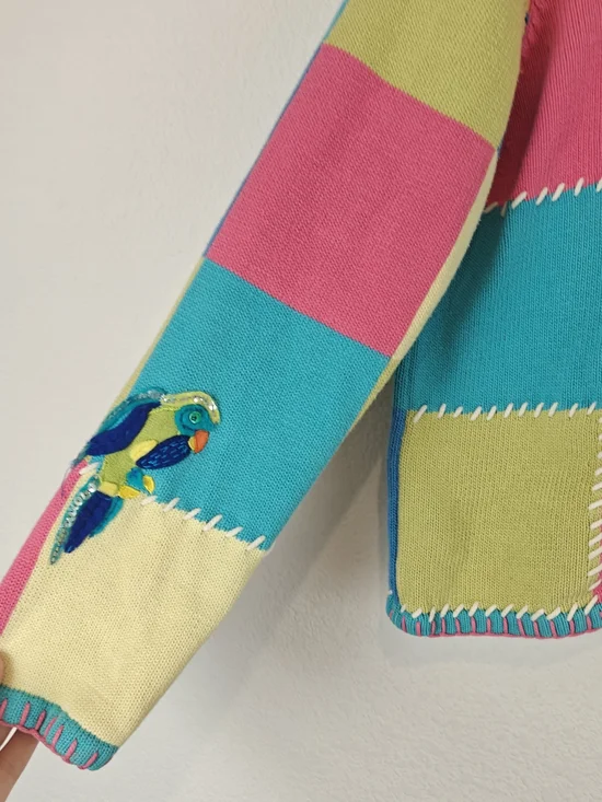 VTG Christina Rotelli Patchwork Bird Cardigan Embroidered Cottagecore M/L - Picture 8 of 13